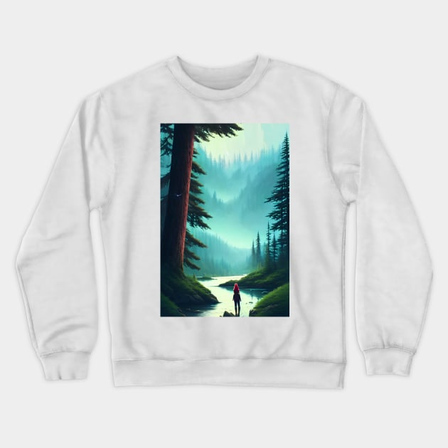 Anime Girl Nature Greenish Forest River Landscape Crewneck Sweatshirt by Trendy-Now